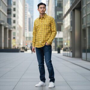 NWOT Dan Roma Italian Long Sleeve Button-Down Collared Shirt Vibrant Yellow Blue